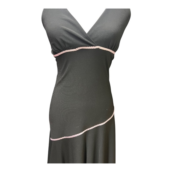 Y2K Halter Asymmetrical Black Midi Dress Pink Ribbon Trim Taboo - Picture 4 of 6